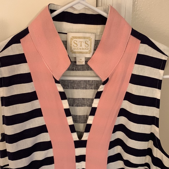 Sail to Sable Navy and white striped dress with bubblegum trim. Unlined. - Picture 2 of 3